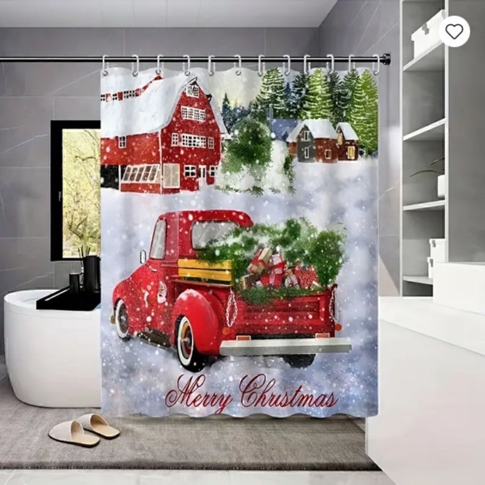 NEW! Christmas Vintage Red Truck Fabric Shower Curtain and Hooks Set Holidays